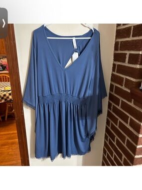 NWT Cacique Size 18/20 Dusty Blue V-Neck Smocked Swimsuit Coverup